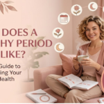 Women's health article thumbnail explaining healthy period signs, including normal menstrual flow, blood color, bleeding duration, cycle length, and menstrual health education.