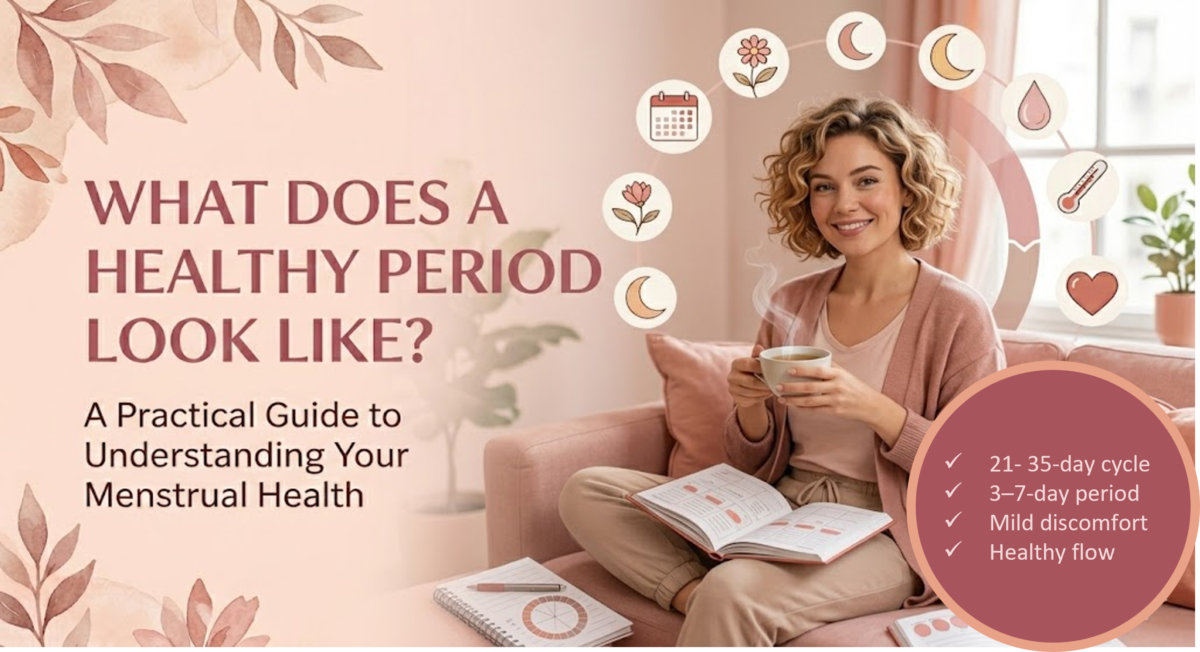 Women's health article thumbnail explaining healthy period signs, including normal menstrual flow, blood color, bleeding duration, cycle length, and menstrual health education.
