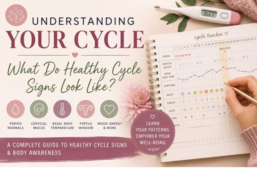 Thumbnail of the Educational post explaining healthy menstrual cycle signs including cycle length, menstrual bleeding, ovulation, cervical mucus changes, basal body temperature patterns, luteal phase, follicular phase, and fertility awareness.