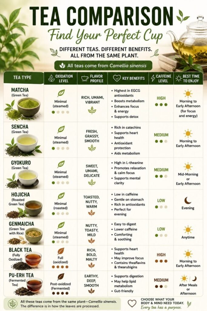 Tea comparison infographic showing matcha, sencha, gyokuro, hojicha, genmaicha, black tea, and pu-erh tea with information about caffeine levels, health benefits, flavor profiles, and best time to drink.
