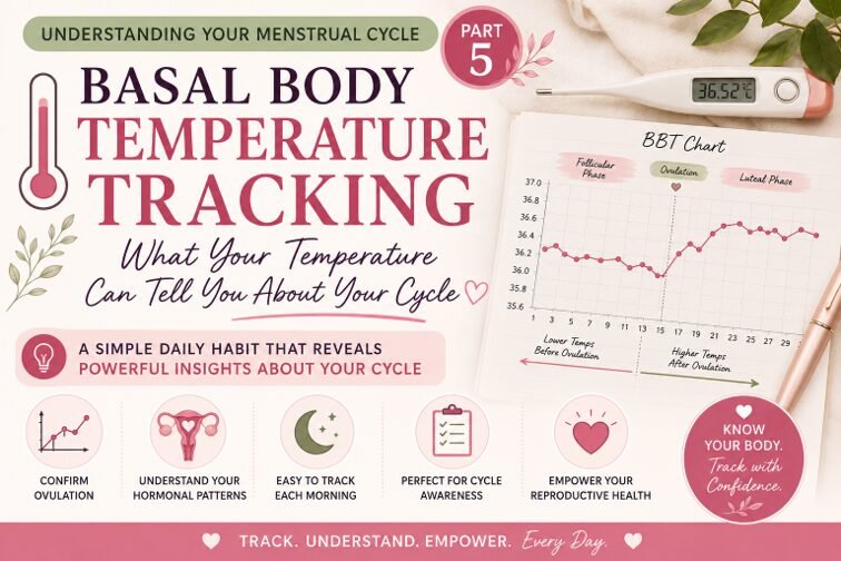 Educational infographic about basal body temperature tracking showing a digital thermometer, a menstrual cycle temperature chart with follicular phase, ovulation, and luteal phase, and key benefits of BBT tracking including ovulation confirmation, hormone pattern awareness, fertility awareness, and reproductive health education.