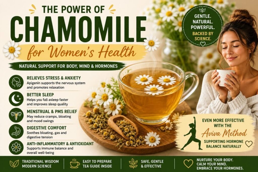 Chamomile benefits infographic explaining how chamomile may support PMS symptoms, menstrual comfort, relaxation, sleep quality, digestion, and women's wellness naturally.