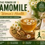Chamomile benefits infographic explaining how chamomile may support PMS symptoms, menstrual comfort, relaxation, sleep quality, digestion, and women's wellness naturally.