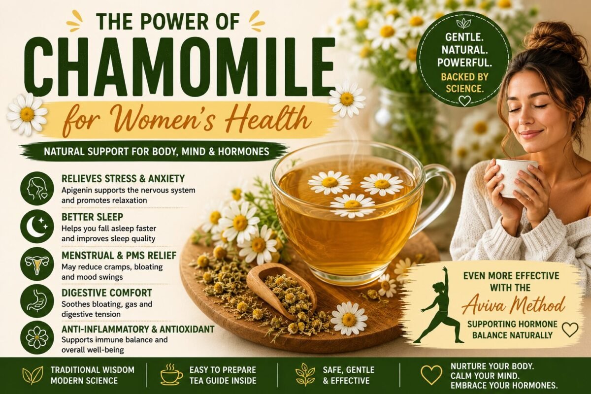 Chamomile benefits infographic explaining how chamomile may support PMS symptoms, menstrual comfort, relaxation, sleep quality, digestion, and women's wellness naturally.