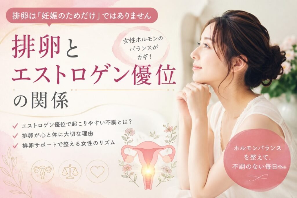 排卵とエストロゲン優位の関係について解説する女性ホルモンバランスのブログサムネイル。アヴィヴァ・メソッドによるやさしい排卵サポートをイメージしたデザイン。