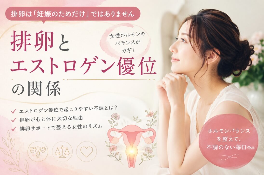 排卵とエストロゲン優位の関係について解説する女性ホルモンバランスのブログサムネイル。アヴィヴァ・メソッドによるやさしい排卵サポートをイメージしたデザイン。