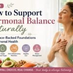 Horizontal thumbnail for a hormonal health article showing a peaceful woman practicing mindfulness alongside healthy foods and wellness icons representing sleep, blood sugar balance, anti-inflammatory nutrition, gut health, and stress management.
