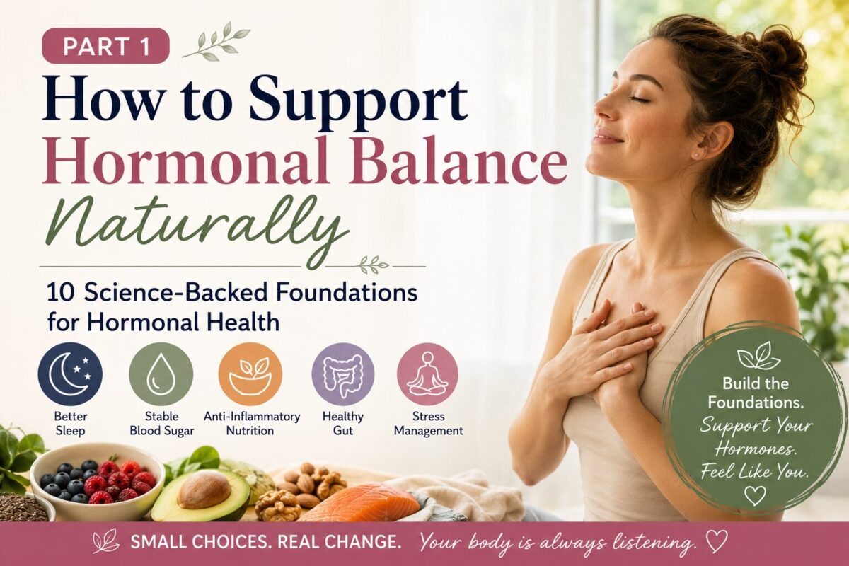 Horizontal thumbnail for a hormonal health article showing a peaceful woman practicing mindfulness alongside healthy foods and wellness icons representing sleep, blood sugar balance, anti-inflammatory nutrition, gut health, and stress management.