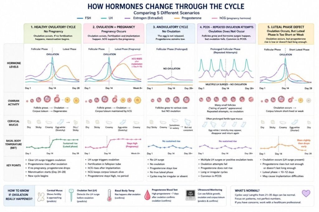 Infographic about how hormones change during teh menstrual cycle in different scenarios