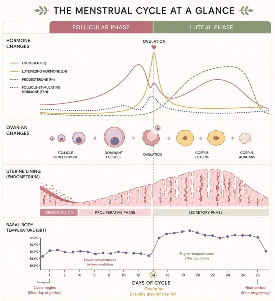 Cycle phases infographic showing menstruation, follicular phase, ovulation, and luteal phase with hormone changes, fertility signs, cervical mucus patterns, and body temperature shifts.