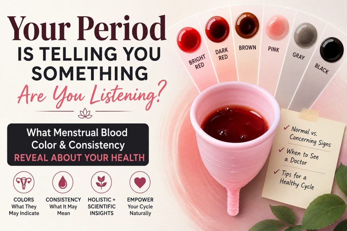 Thumbnail of the article explaining menstrual blood colors including bright red, dark red, brown, pink, orange, gray, and black period blood. The image describes common causes of each color and highlights when changes may be normal or require medical attention.