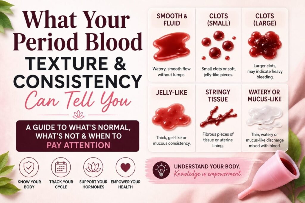 Thumbnail for an educational article about menstrual blood colors and menstrual flow. The image explores what different consistency and textures of period blood may reveal about cycle health, hormonal changes, and reproductive wellness.