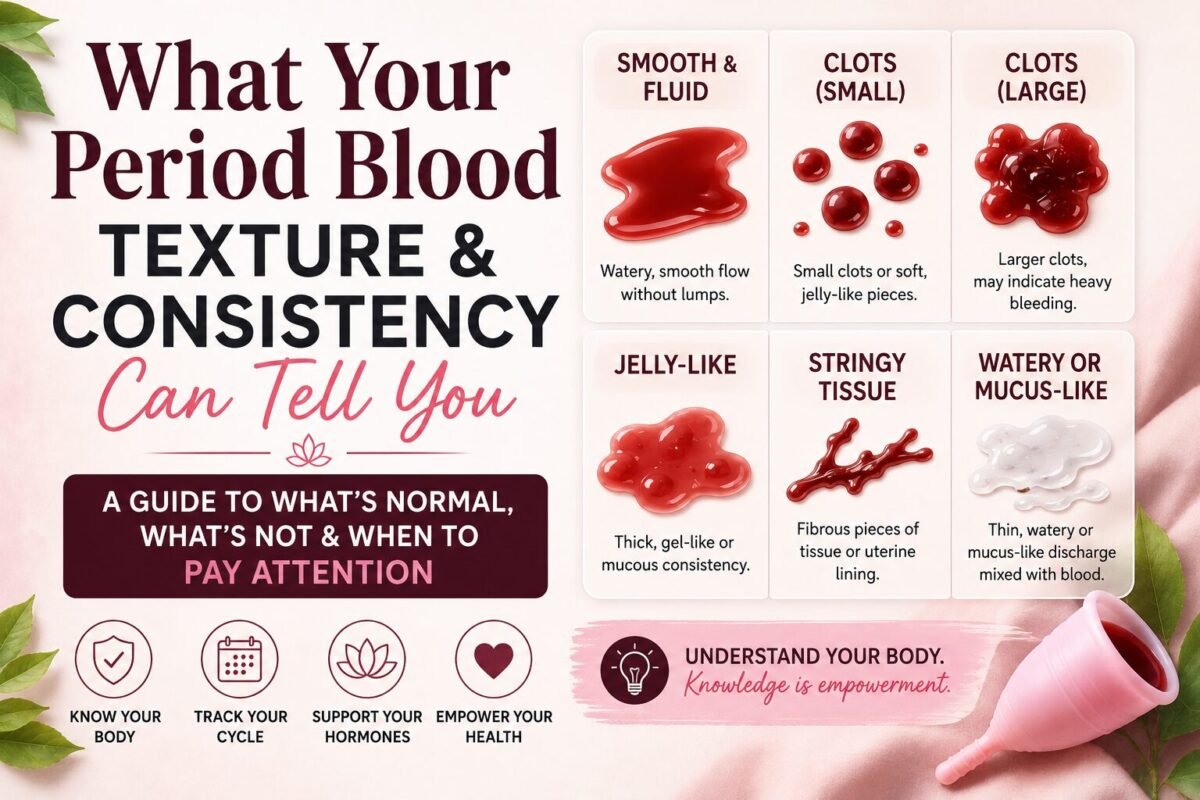 Thumbnail for an educational article about menstrual blood colors and menstrual flow. The image explores what different consistency and textures of period blood may reveal about cycle health, hormonal changes, and reproductive wellness.