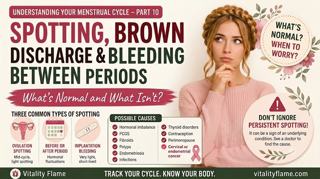 Educational women's health thumbnail explaining spotting, brown discharge, and bleeding between periods, including normal causes such as ovulation spotting and implantation bleeding, warning signs, hormonal imbalance, and when to seek medical advice.
