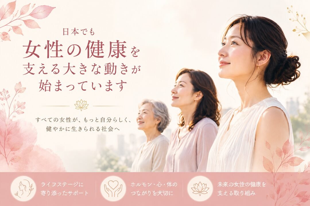 若い女性から更年期世代まで、幅広い世代の女性が前向きに未来を見つめる、女性の健康支援をテーマにしたやさしい雰囲気のブログサムネイル。