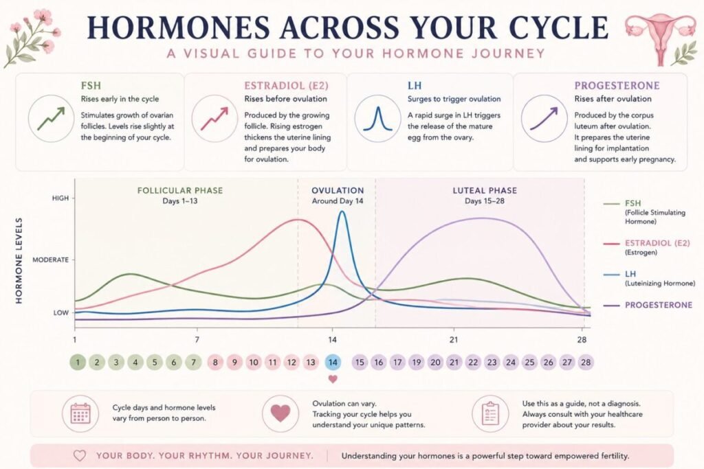 Educational infographic showing typical hormone patterns across a 28-day menstrual cycle. The chart illustrates FSH rising early in the follicular phase, estradiol increasing before ovulation, a sharp LH surge triggering ovulation around mid-cycle, and progesterone rising during the luteal phase after ovulation. Includes labeled menstrual cycle phases, hormone trend lines, ovulation timing, and explanations of each hormone's role in reproductive health and fertility awareness.