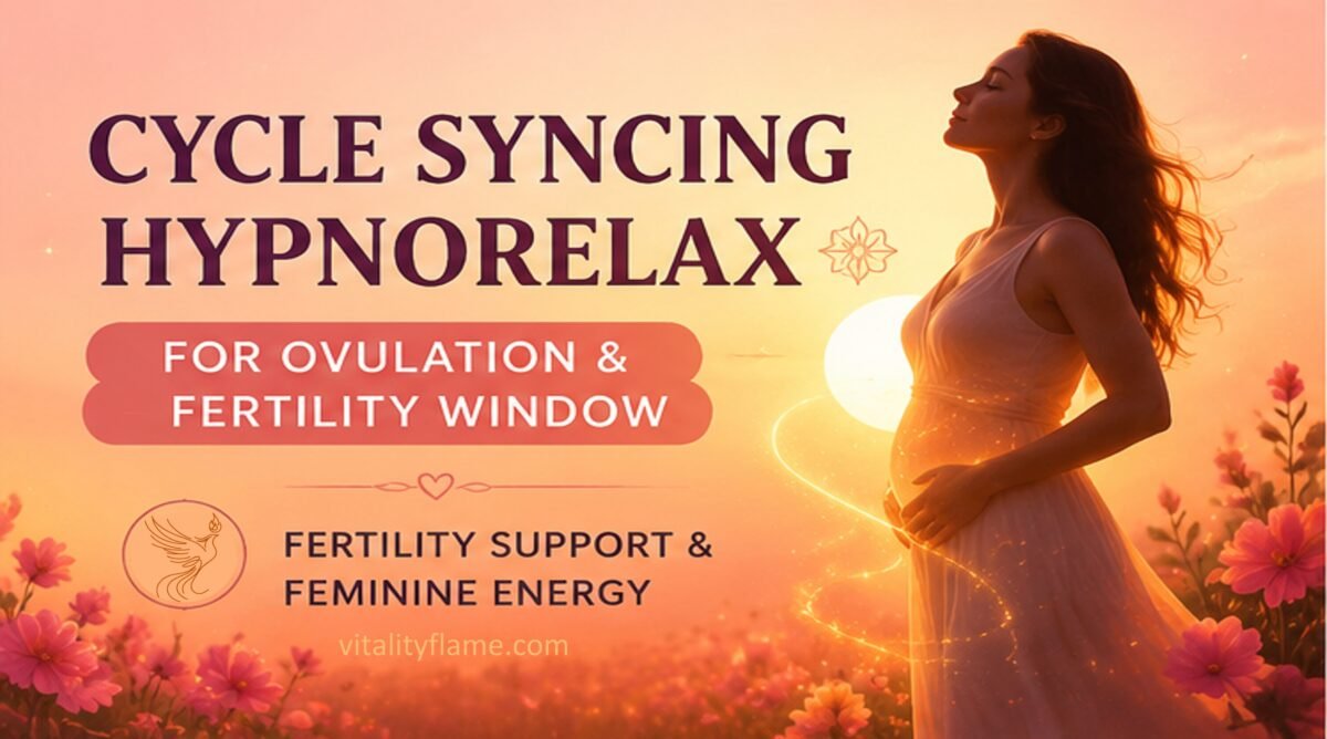 Thumbnail of the Guided Gentle hypnotic relaxation audio for ovulation support, fertility awareness, feminine energy, emotional openness, and nervous system regulation. This guided hypnotic relaxation is the third part of the Cycle Syncing Hypnorelaxation series, designed to support the fertility window and ovulation phase of your cycle — a natural time of openness, radiance, creativity, connection, and receptivity.