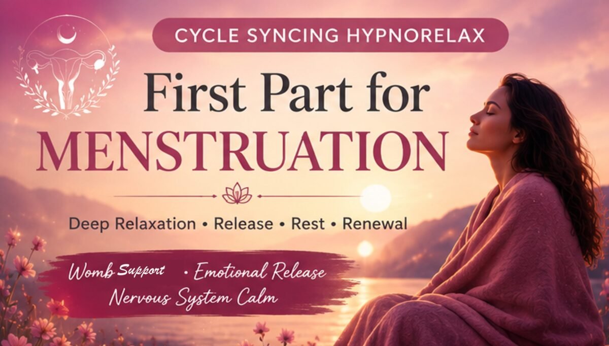 Thumbnail of the guided hypnotic relaxation audio for emotional release, menstrual support, and nervous system calming. This guided hypnotic relaxation is the first part of a cycle-based hypnotherapy series designed to support the menstrual phase — a natural time of release, rest, reflection, and inner renewal.
