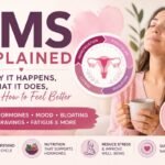 Educational women's health thumbnail about PMS symptoms and hormonal changes. Woman experiencing common premenstrual symptoms including mood swings, fatigue, bloating, cravings, headaches, and breast tenderness during the luteal phase of the menstrual cycle.