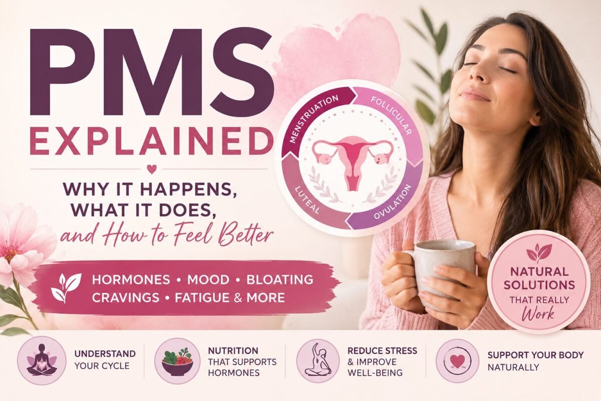 Educational women's health thumbnail about PMS symptoms and hormonal changes. Woman experiencing common premenstrual symptoms including mood swings, fatigue, bloating, cravings, headaches, and breast tenderness during the luteal phase of the menstrual cycle.