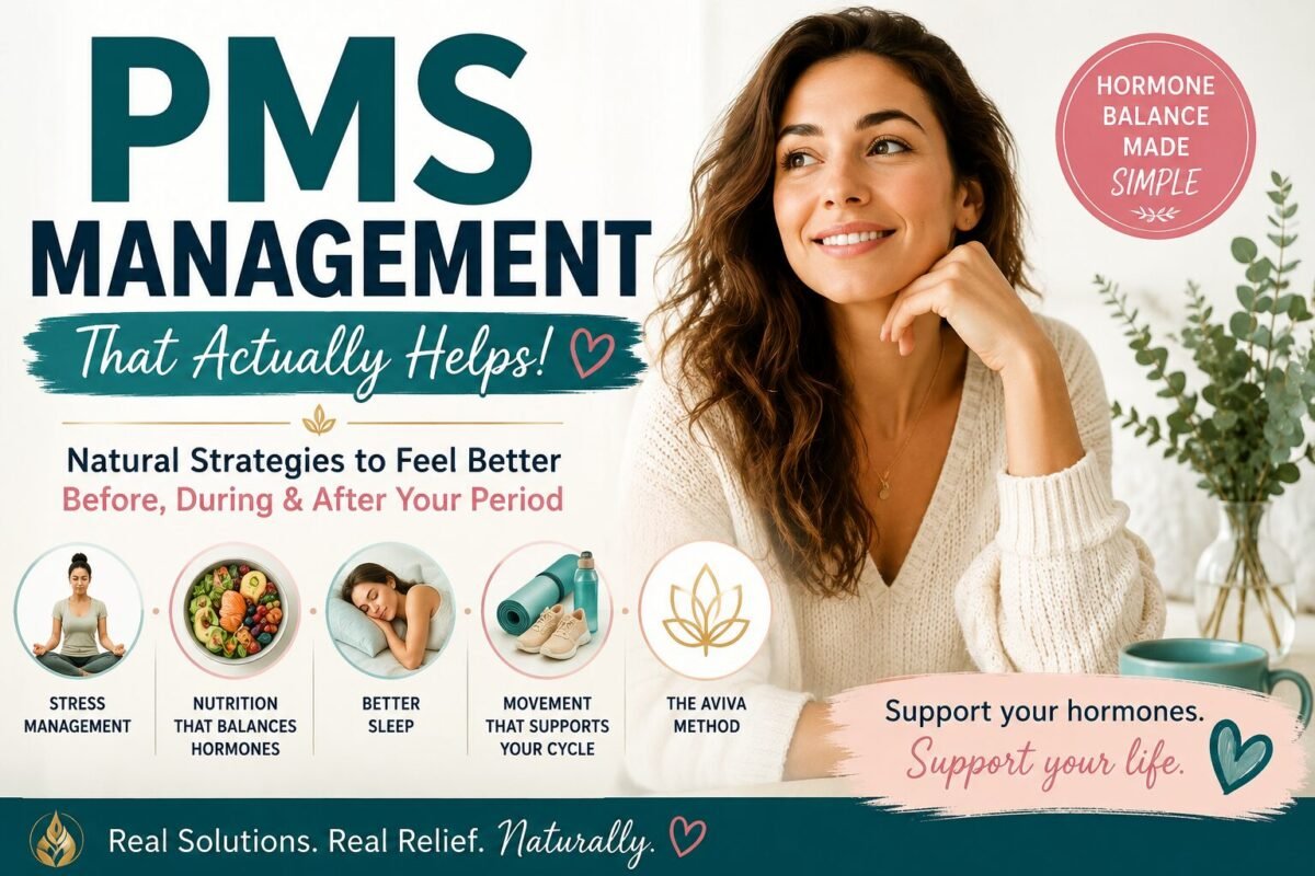 Natural PMS relief guide featuring cycle tracking, healthy lifestyle habits, stress management, sleep support, nutrition, exercise, and hormonal balance strategies to help reduce common premenstrual syndrome symptoms.