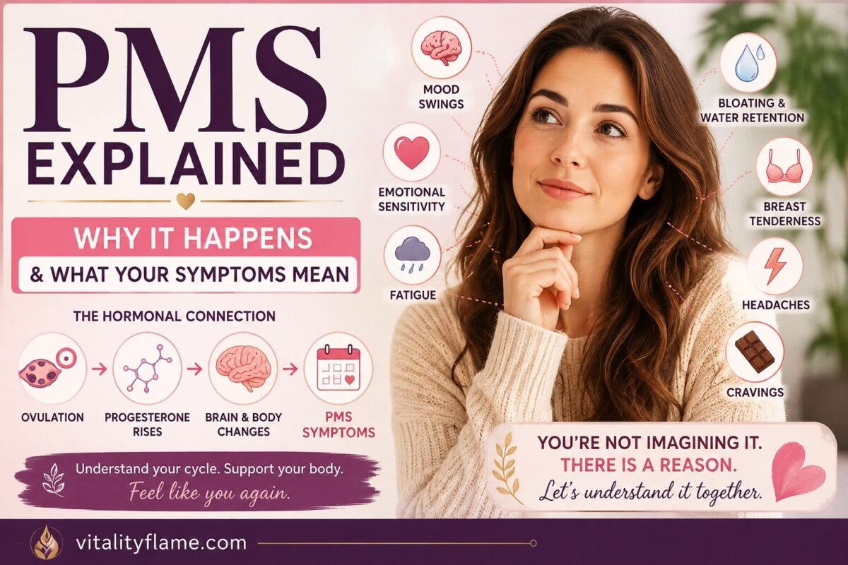 Women's hormonal health infographic explaining PMS mechanisms. Educational illustration showing estrogen, progesterone, serotonin, stress hormones, bloating, mood swings, fatigue, cravings, headaches, and other premenstrual syndrome symptoms.
