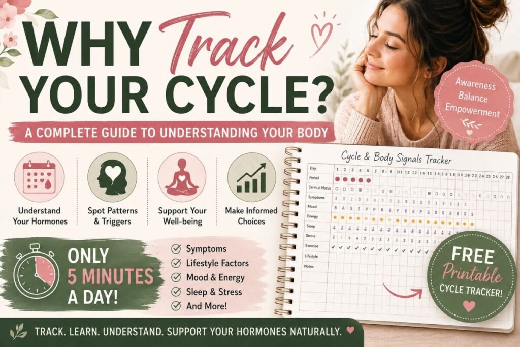 Thumbnail for the article educating about Printable cycle tracking guide with categories for period flow, cervical mucus, sleep, mood, energy, and lifestyle habits.
