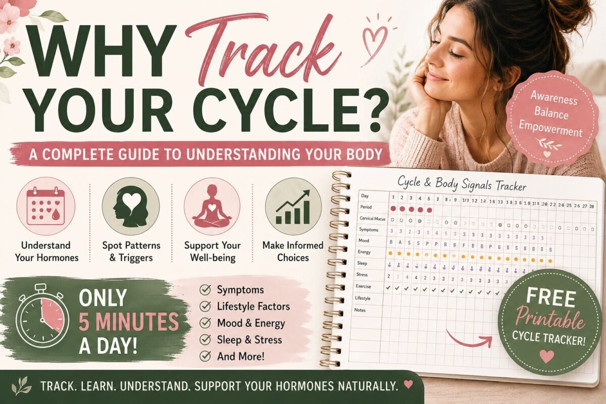 Thumbnail for the article educating about Printable cycle tracking guide with categories for period flow, cervical mucus, sleep, mood, energy, and lifestyle habits.