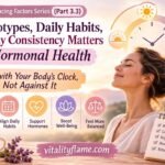 Illustrated women's health infographic explaining how the biological clock and circadian rhythm regulate hormones, menstrual cycle, fertility, cortisol, melatonin, and overall hormonal balance through daily body rhythms.