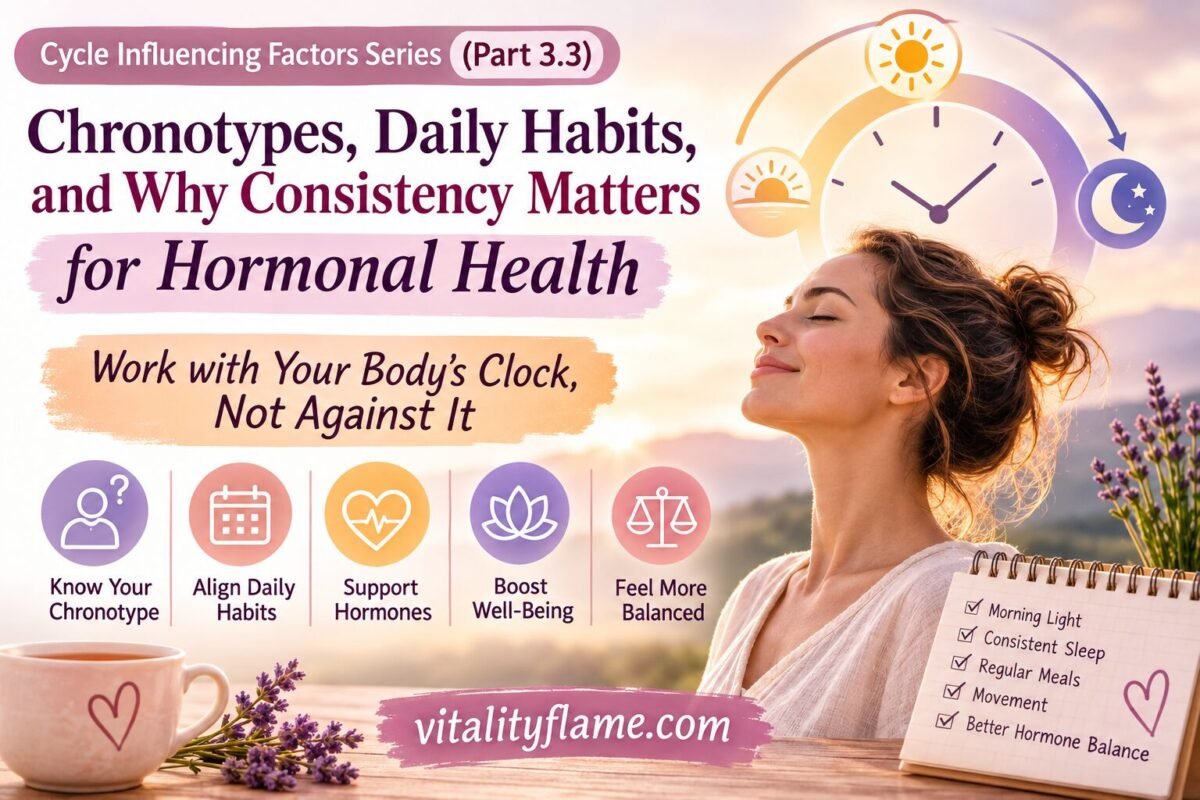 Illustrated women's health infographic explaining how the biological clock and circadian rhythm regulate hormones, menstrual cycle, fertility, cortisol, melatonin, and overall hormonal balance through daily body rhythms.