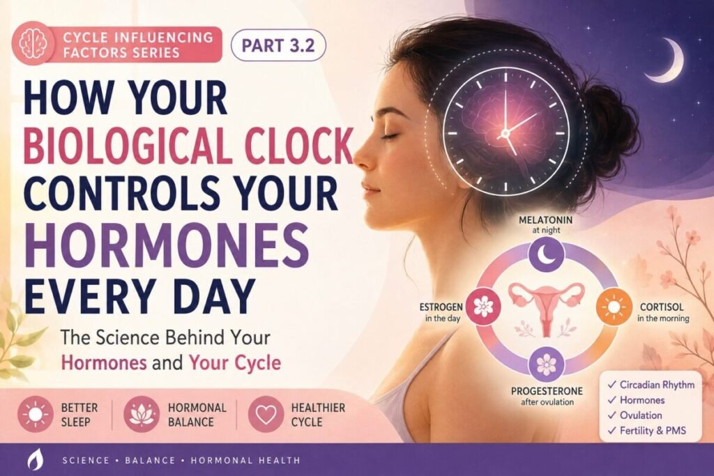 Illustrated women's health infographic explaining how the biological clock and circadian rhythm regulate hormones, menstrual cycle, fertility, cortisol, melatonin, and overall hormonal balance through daily body rhythms.