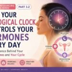 Illustrated women's health infographic explaining how the biological clock and circadian rhythm regulate hormones, menstrual cycle, fertility, cortisol, melatonin, and overall hormonal balance through daily body rhythms.