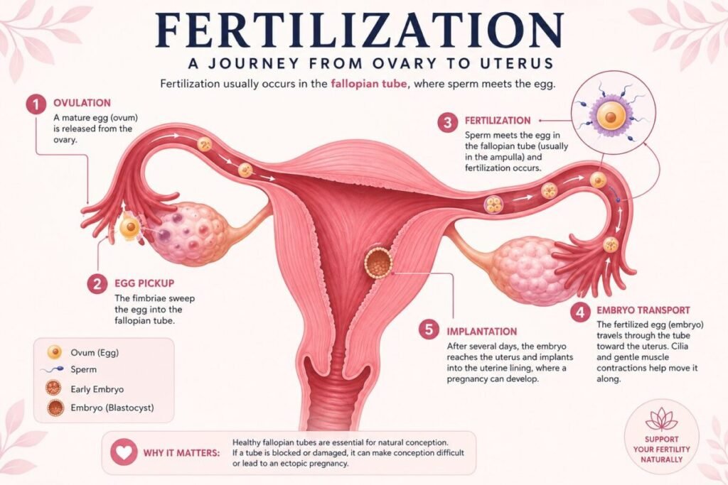 Educational infographic illustrating the process of human fertilization. The diagram shows the ovaries, fallopian tubes, and uterus with five labeled stages: ovulation, egg pickup by the fimbriae, fertilization inside the fallopian tube, embryo transport toward the uterus, and implantation in the uterine lining. The infographic explains where sperm meets the egg and why healthy fallopian tube function is essential for natural conception and fertility.