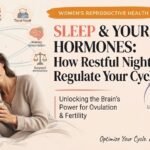 An infographic banner with a watercolor illustration of a woman sleeping peacefully and holding a mug on the left. To the right, a series of icons connected by lines shows the benefits of sleep, labeled: 'Immune System', 'Rested.ly', 'Tissue Repair', 'Memory consolidation', and 'Balanced metabolisiss' (retaining the original typo for accuracy). A large title reads: "SLEEP & YOUR HORMONES: How Restful Nights Regulate Your Cycle". Below this, smaller text says: "Unlocking the Brain's Power for Ovulation & Fertility". On the far right, diagrams of a brain and the female reproductive system (uterus and ovaries) are connected by a circular cycle of arrows labeled 'Light', 'Wake', and 'Deep'. The background is a soft, light beige. The footer text reads: "Optimize Your Cycle. Prioritize Your Sleep.