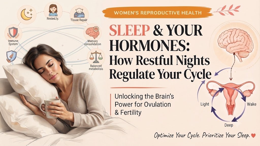 An infographic banner with a watercolor illustration of a woman sleeping peacefully and holding a mug on the left. To the right, a series of icons connected by lines shows the benefits of sleep, labeled: 'Immune System', 'Rested.ly', 'Tissue Repair', 'Memory consolidation', and 'Balanced metabolisiss' (retaining the original typo for accuracy). A large title reads: "SLEEP & YOUR HORMONES: How Restful Nights Regulate Your Cycle". Below this, smaller text says: "Unlocking the Brain's Power for Ovulation & Fertility". On the far right, diagrams of a brain and the female reproductive system (uterus and ovaries) are connected by a circular cycle of arrows labeled 'Light', 'Wake', and 'Deep'. The background is a soft, light beige. The footer text reads: "Optimize Your Cycle. Prioritize Your Sleep.