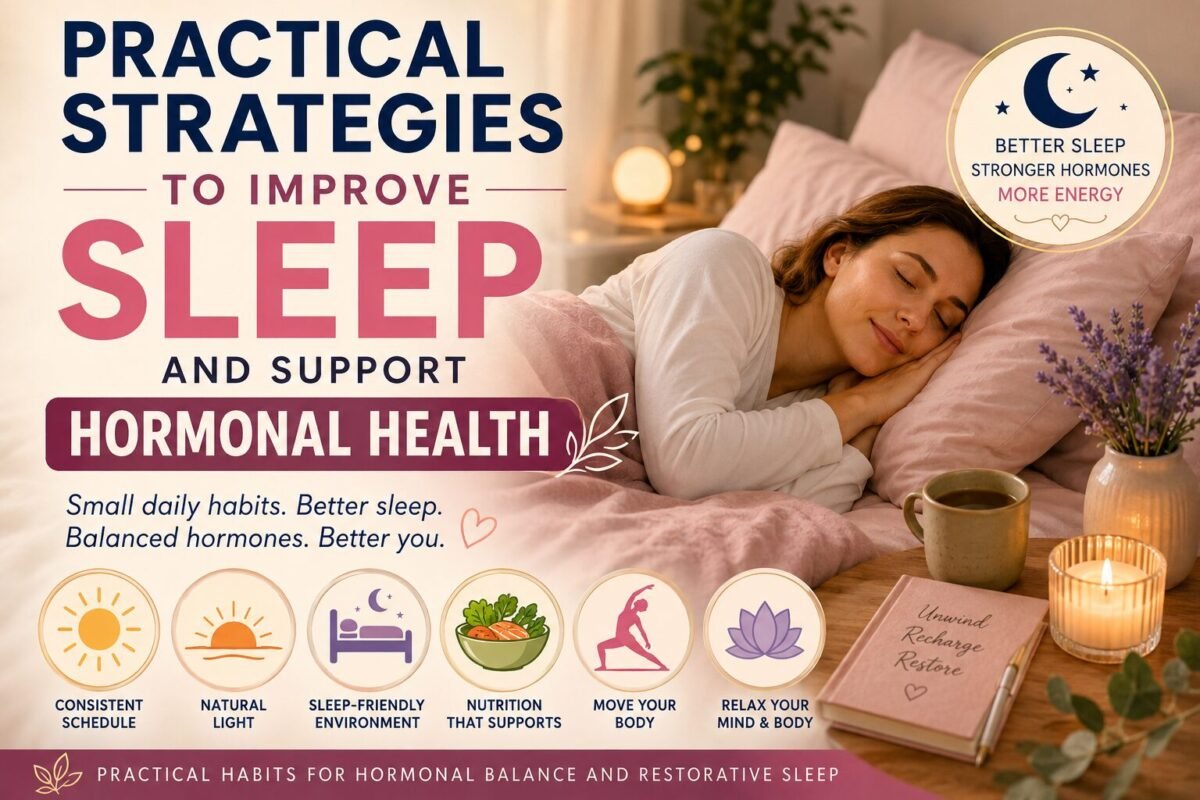 A calming thumbnail featuring a woman sleeping peacefully with the title "Practical Strategies to Improve Sleep and Support Hormonal Health." The design highlights healthy sleep habits that promote better sleep, hormone balance, and overall wellbeing.