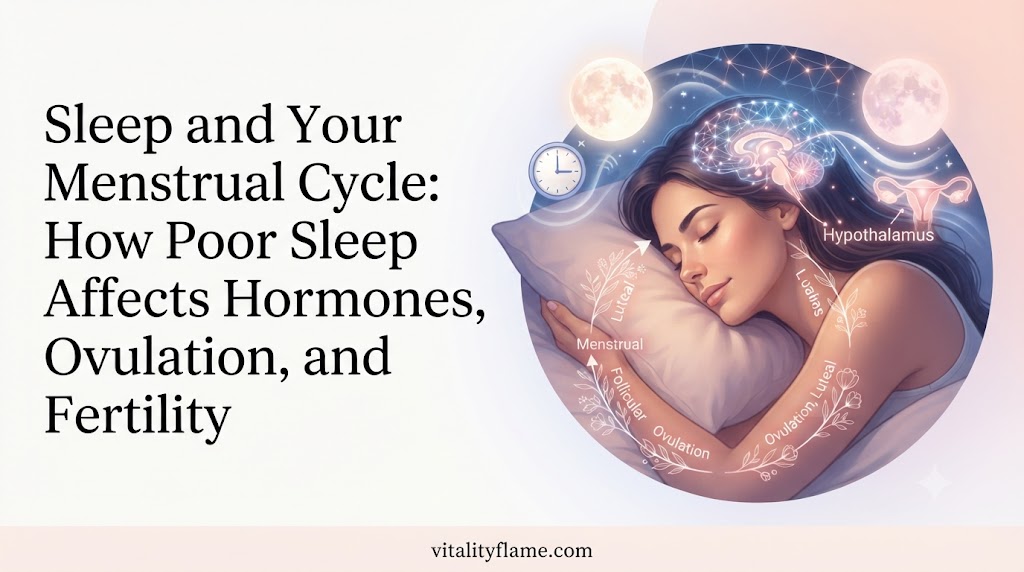 Woman sleeping peacefully with a moon and menstrual cycle illustration, showing the connection between sleep, hormones, ovulation, and menstrual health. Vitality Flame women’s health article thumbnail.