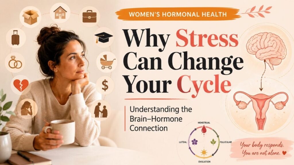 A women's health blog thumbnail featuring a thoughtful woman, stress-related life event icons, a brain and uterus illustration, and the headline "Why Stress Can Change Your Cycle."
