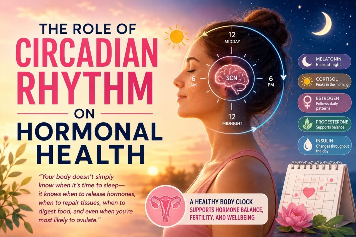 Educational thumbnail about circadian rhythm and hormonal health showing a woman’s silhouette with a biological clock, moon and sun symbols, and hormone-related elements. The image explains how the body’s internal clock influences sleep, hormones, menstrual cycle, and overall wellbeing.