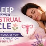 Infographic explaining how sleep affects the menstrual cycle, hormone balance, ovulation, PMS, and fertility. The design features a sleeping woman, moon phases, brain and hormone illustrations, sleep stages, healthy sleep tips, and the message that better sleep supports healthier hormones and reproductive health. VitalityFlame.com.