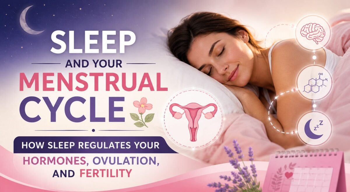 Infographic explaining how sleep affects the menstrual cycle, hormone balance, ovulation, PMS, and fertility. The design features a sleeping woman, moon phases, brain and hormone illustrations, sleep stages, healthy sleep tips, and the message that better sleep supports healthier hormones and reproductive health. VitalityFlame.com.