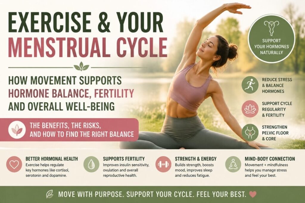 A woman stretching outdoors at sunrise with the title "Exercise and Your Menstrual Cycle: How Movement Supports Hormones & Fertility." The image represents healthy movement, hormonal balance, reproductive health, and wellness.