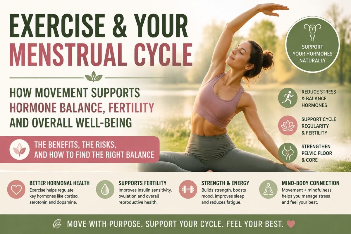 A woman stretching outdoors at sunrise with the title "Exercise and Your Menstrual Cycle: How Movement Supports Hormones & Fertility." The image represents healthy movement, hormonal balance, reproductive health, and wellness.