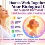 Horizontal wellness thumbnail titled “How to Work Together with Your Biological Clock and Support Hormonal Health.” The image shows a woman enjoying morning sunlight alongside a day-night biological clock and illustrated reminders for morning light, consistent wake-up time, darkness before bed, regular meals, movement, chronotype awareness, stress management, evening routines, and mindful caffeine and alcohol use. The image includes vitalityflame.com.