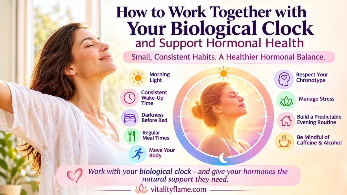 Horizontal wellness thumbnail titled “How to Work Together with Your Biological Clock and Support Hormonal Health.” The image shows a woman enjoying morning sunlight alongside a day-night biological clock and illustrated reminders for morning light, consistent wake-up time, darkness before bed, regular meals, movement, chronotype awareness, stress management, evening routines, and mindful caffeine and alcohol use. The image includes vitalityflame.com.