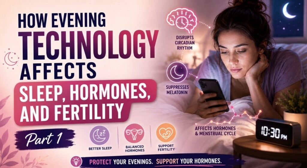 Woman using a smartphone in bed at night with text explaining how evening technology and blue light can affect sleep, melatonin, hormones, the menstrual cycle, and fertility.