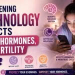 Woman using a smartphone in bed at night with text explaining how evening technology and blue light can affect sleep, melatonin, hormones, the menstrual cycle, and fertility.
