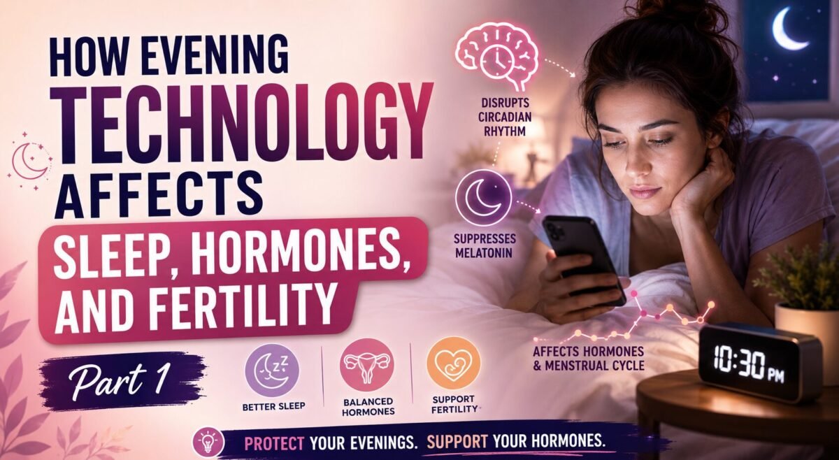 Woman using a smartphone in bed at night with text explaining how evening technology and blue light can affect sleep, melatonin, hormones, the menstrual cycle, and fertility.