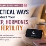 Horizontal wellness article thumbnail featuring a cozy, softly lit bedroom and evening nightstand with a phone in night mode, candle, warm lamp, lavender, and journal. Text reads “Practical Ways to Protect Your Sleep, Hormones, and Fertility” and highlights simple evening habits for better sleep, healthier hormones, and healthier cycles.