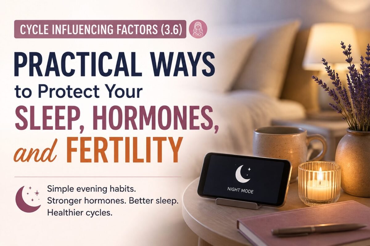 Horizontal wellness article thumbnail featuring a cozy, softly lit bedroom and evening nightstand with a phone in night mode, candle, warm lamp, lavender, and journal. Text reads “Practical Ways to Protect Your Sleep, Hormones, and Fertility” and highlights simple evening habits for better sleep, healthier hormones, and healthier cycles.